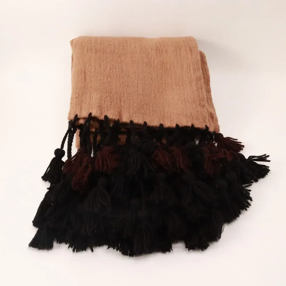 Vintage Paul Martin Worsted Wool Scarf Brown Black Double Layered Tassel Fringe